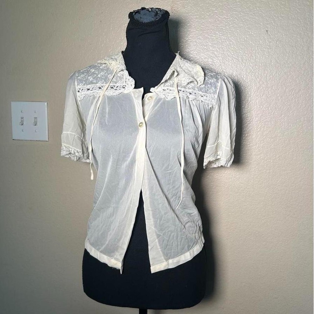 Vintage Coquette Sheer White Lace Collar Blouse Y2K Fairycore Small